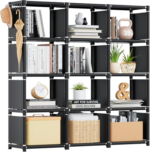 Mavivegue Bücherregal mit 12 Fächern, Regal, Würfelregal 30.5X 124 x 120 cm | DIY Bücherregal für Wohnzimmer, Schlafzimmer, Büro, Kinderzimmer, Schwarz