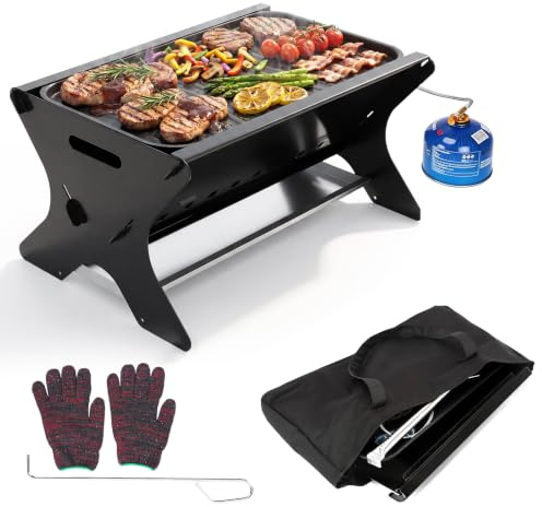 GFTIME Barbecue à gaz portable avec système d'emboîtement, fonctionne au gaz et au charbon de bois - Avec plaque de cuisson en fonte, sac de transport, barbecue à gaz mobile, parfait pour le camping