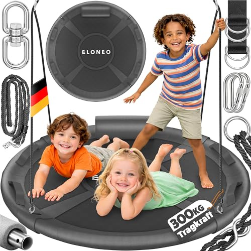 ELONEO Nestschaukel Outdoor & Indoor mit 120 cm Durchmesser | Tellerschaukel bis 300kg belastbar | höhenverstellbare Hängeschaukel inkl. Kissen, Griffen und Zubehör-Set | Premium Schaukel