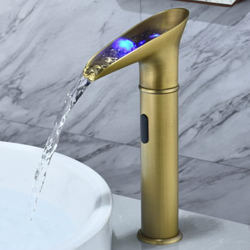 XJTNLB Waschtischarmatur Sensor Antiquität Wasserhahn mit Licht Bad, Led Wasserfall Waschbecken Armaturen Infrarot Armaturen Bad,Hoch
