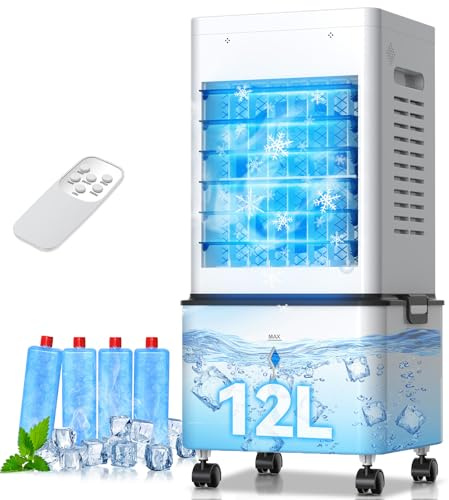 Climatiseur Mobile Silencieux 12L, Refroidisseur d'air Climatiseurs Portables Économie d'énergie Ventilateur Humidificateur, 6 Vitesses, Télécommande, 24H Minuterie, pour Maison Bureau Chambre (Blanc)