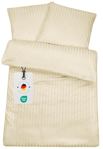 Carpe Sonno Bettwäsche Baumwolle Luxus Damast - Bettwäsche 155x220 2er Set mit Bett Bezug + Kissenbezug 80x80 cm - Hotelbettwäsche Satin Baumwoll Bettwäsche gestreift in Creme