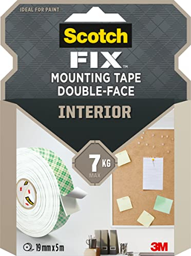 Scotch-Fix Ruban de Montage Double-Face Intérieur, Forte Adhérence, Blanc - 1 Rouleau, 19 mm x 5 m - pour Surfaces Multiples à l'Intérieur - Sans Outils - Supporte jusqu'à 7 kg