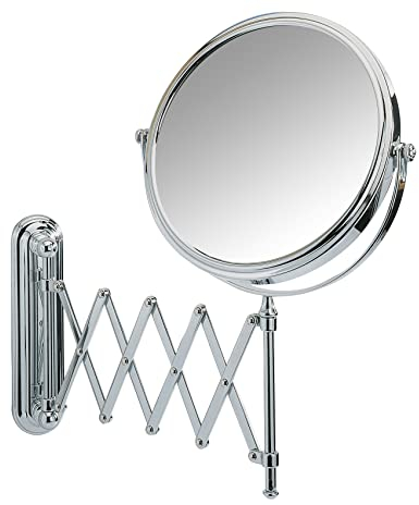WENKO Kosmetikspiegel Deluxe, Spiegel mit 100%-Spiegelfläche und 5-Fach Vergrößerung, (B/H): Ø 19 cm, stufenlos ausziehbar, schwenkbar & höhenverstellbar, ca. 48 cm Armlänge, 23 x 38 x 50 cm, Chrom