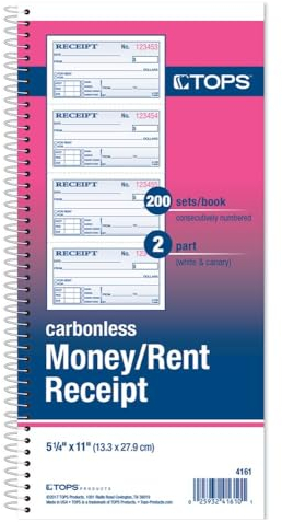 Tops Geld/Rent Receipt Buch, 2-teilig, selbstdurchschreibend, 27,9 x 13,3 cm, 4 Quittungen/Seite, 200 SETS Pro Buch (4161)