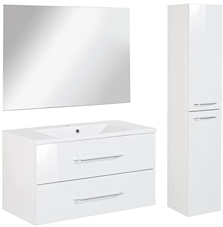 FACKELMANN Badmöbel Set B.Clever 3-TLG. 120 cm weiß mit Waschtisch Unterschrank inkl. Gussmarmorbecken & Hochschrank & Badspiegel