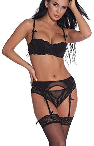 Bluewhalebaby Sexy Lingerie for Women Demis Push-up Lace Bras and Knicker Set with Suspender Garter Belt For Thigh High Stockings Black 36C