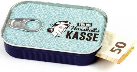 Geldgeschenke Verpackung Sardinendose HAUSHALTSKASSE Geld Geschenkverpackung für Reise, Umzug, Geburtstag oder als Geldgutschein | inkl Aufkleber für individuelle Botschaft | made by Scherzboutique