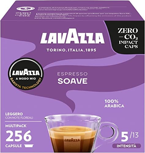 Lavazza, A Modo Mio Soave, 256 Capsule Caffè, per un Espresso Leggero ed Elegante con Note Aromatiche di Fiori, 100% Arabica, Intensità 5/13, Tostatura Media, 16 Confezioni da 16 Capsule