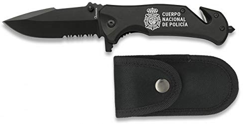 Navaja con grabado CUERPO NACIONAL DE POLICIA Negra Seguridad Hoja 8,3 cm para Caza, Pesca, Camping, Outdoor, Supervivencia y Bushcraft Albainox 19800GR255 + Portabotellas de regalo