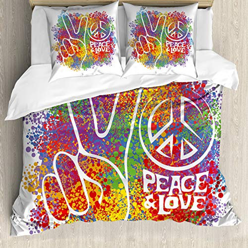 ABAKUHAUS Hippie Bettbezugs Set Für Doppelbetten, Peace Love Pazifismus, Milbensicher Allergiker geeignet mit Kissenbezügen,Rot Weiß