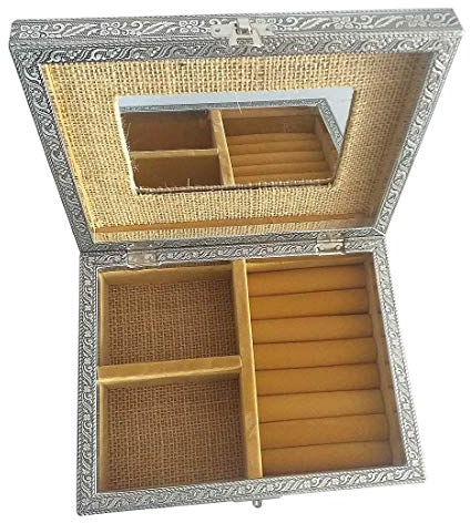HAB & GUT -BOX031- Schmuckbox mit Spiegel, Jute beige Silber 22.5 x 17.5 x 7 cm Lebensbaum