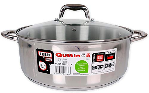 Quttin | Cacerola Profesional New Caesar de Inducción para Cocina y Horno | Cacerola Grande de Acero Inoxidable Antiadherente con Tapa de Cristal y Asas | 32 cm/10 L | Apta para Todo Tipo de Cocinas