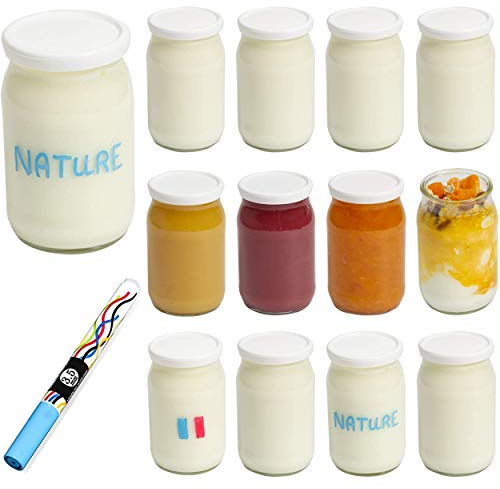 Monboco |12 Glass Yogurt Jars Set with Hermetic Lid | for Yogurt Maker & Robotic Cookers (thermomix, Mr Cuisine, Cookeo, etc) | Made in France | 177 ML / 155G | Free Blue Erasable Pen