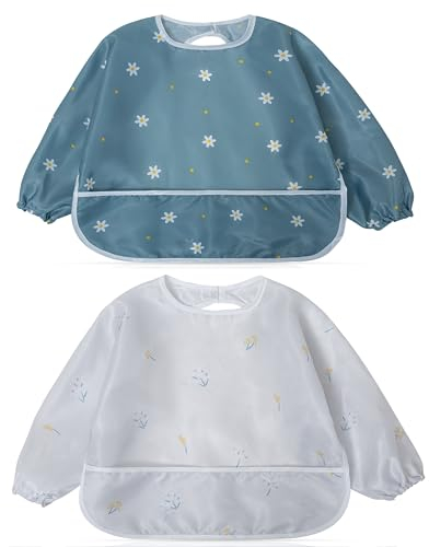 Little Dimsum Baby Lätzchen mit Ärmeln, Wasserdicht Abwaschbar Ärmellätzchen, Baby Bibs Set für Kleinkinder mit Großer Tasche (6-36 Monate) - 2er-Pack