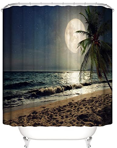 OCEUMACO Design Mare Tenda Doccia Antimuffa Stampa 3D Spiaggia Onda Blu Scura Tende Vasca da Bagno in Tessuto Poliestere Impermeabile Luna Sabbia Marrone Moderna 200x200 cm Lavabile Lavatrice