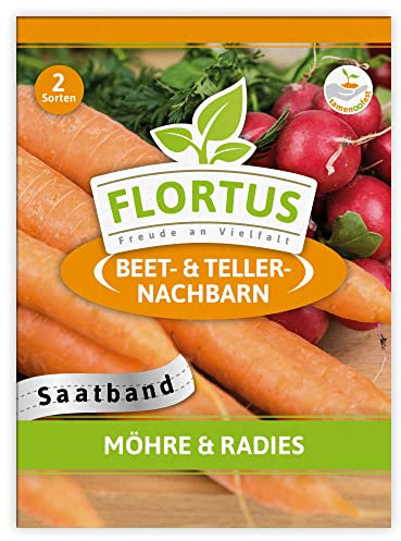 FLORTUS Möhre & Radies Saatband | 3 Saatbänder | Samenband zum Gemüse züchten mit Möhren Samen und Radieschen Samen | Karotten und Radieschen Saatband ideal für Anfänger
