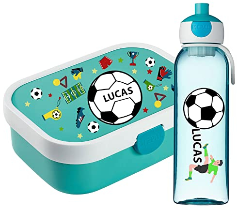 Ferocity Set de fiambreras Personalizadas para niños Chicos al Colegio Personalizadas con Nombre Fiambrera Botella de Agua biberón Libre de BPA con Tenedor y Compartimento bento Campo de fútbol [153]