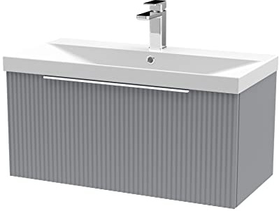 Hudson Reed DFF296D Fluted Modern Bathroom Wall Hung 1 Drawer Vanity Basin Unit with Thin-Edge Ceramic Basin, 800mm, Satin Grey