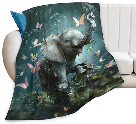 Fantasy Elefant Schmetterling Decke Elefant Geschenke für Frauen Mädchen Super Warm Weich Gemütlich Elefant Überwurfdecke Plüsch Flanell Decke für Kinder Erwachsene Bett Geburtstagsgeschenke 127,7 x