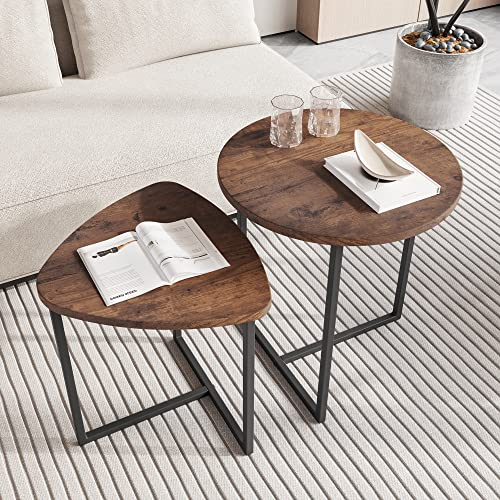 Couchtisch Rund 2 er Set,Beistelltisch Set,Sofatisch,Kaffeetisch,Metall Untergestell und Herzform Einer Tischplatte Aus Holz,Industriellen Design,Wohnzimmertisch,Modern,Schwarz+Braun