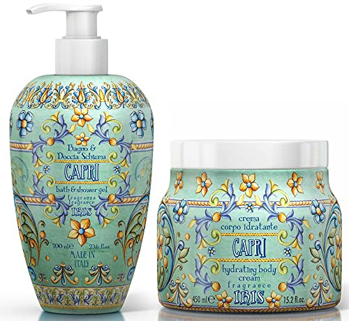 Le Maioliche – Iris of Capri – Duschschaum 700 ml + Körpercreme 450 ml – Made in Italy – Noten von süßer Orange, Iris, Jasmin, Ylang Ylang + gratis Duftseife Florinda