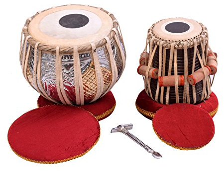 Indisches Musikinstrument Tabla-Trommel-Set Feinstes Bayan & Dayan mit Buch, Hammer, Kissen und Bezug, Silber-Gold