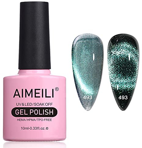 AIMEILI Magnetic Gel Nail Polish 9D Cat Magnet Eye Polish Blue Green, UV LED Soak Off Glitter Nail Art Manicure Pedicure, Long Lasting & Easy to Apply - (493) 10ml
