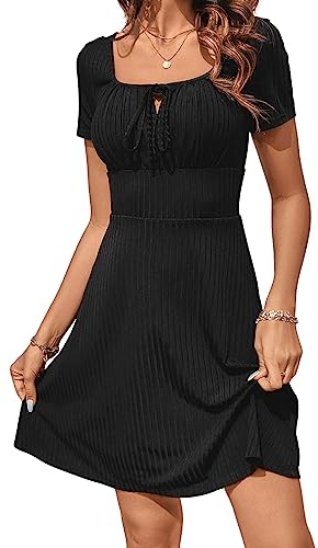 GORGLITTER Damen A-Linie Kleid Elegant Sommerkleid Rüschenbüste Kurzkleid Freizeitkleid mit Eckigem Ausschnitt Schwarz S