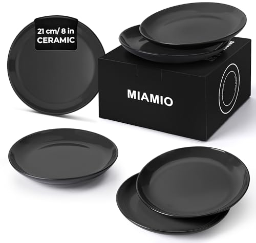 MIAMIO - Ensemble d'assiettes 6 en céramique grès pour la table - Collection Le Papillon (Noir, 21 cm)