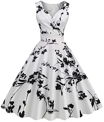 EMATOP Damen 50er Jahre Kleider Vintage Rockabilly Cocktailkleid Sexy Ärmellos Ballkleid Elegant A-Line Kleid Blumendruck Sommerkleid Knielang V-Ausschnitt Abendkleid Hohe Taille Faltenrock