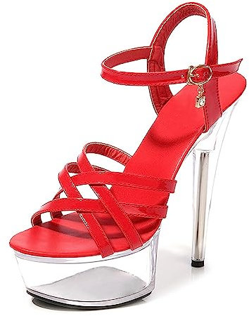 Sandali Tacchi alti da donna,Sandali da sposa con cinturino alla caviglia Stiletto da donna Piattaforma Spessa Sexy Sera, rosso, 42 EU