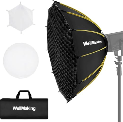 WELLMAKING 65 cm Parabol-Softbox, 16 K, schnell auf- und zusammenklappbar, mit Diffusoren/Wabengitter/Tasche, kompatibel mit Bowens-Halterungslicht für Portrait- oder Produktfotografie