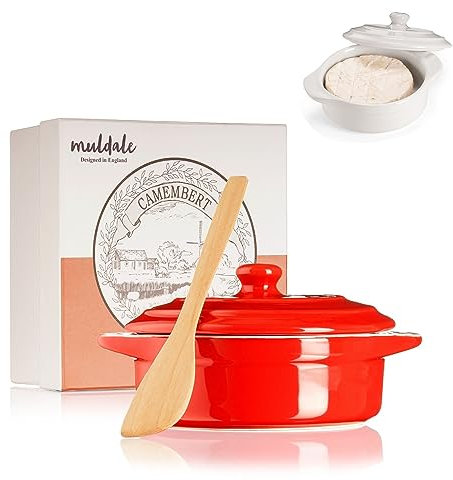 Muldale Camembert - Bandeja para hornear queso Camembert en rojo, bandeja para hornear Brie con tapa, cacerola de panadero, 14 cm, con esparcidor y caja