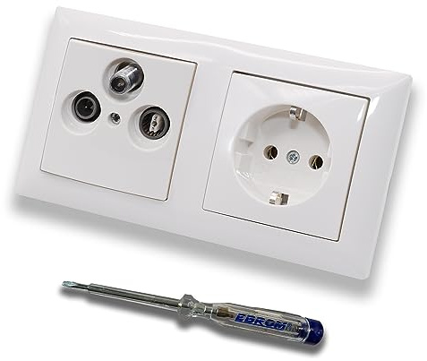 Busch Jäger SET: Unterputz 3-Loch Dose 47-2150 MHz, Enddose Stichdose, Radio/TV/SAT-Kompatibilität + BalanceSi alpinweiß 2fach Rahmen + Steckdose 20EUC-914 + EBROM Phasenprüfer zur Montage der Geräte