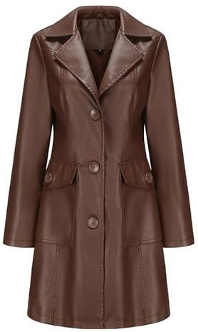 babao Donne in Pelle Trench Coat Giacca Monopetto Marrone Cappotto Lungo in Ecopelle, S-3XL