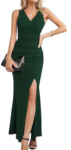 Laughido Cocktailkleid Wickelkleid Elegant Lang Abendkleider Damen Maxikleid Partykleid Festliche Bodycon Hochzeit Sommerkleid (Dunkelgrün, X-klein)