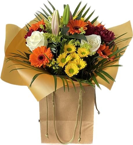 Bright Summer Bouquet with Lilies, Roses, Gerberas, Chrysanthemums – Fresh Flower Arrangement Gift for Birthdays, Anniversaries, Celebrations, Thank You, Get Well, Delivered in Gift Bag, Long-Lasting