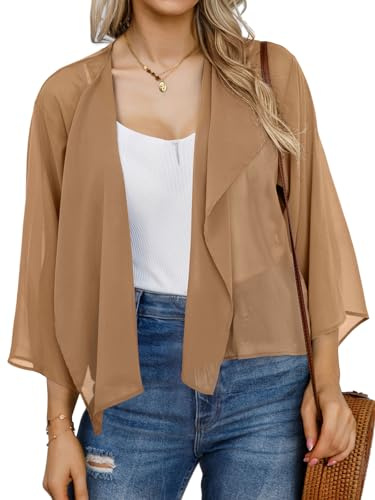 Kimono da donna in pizzo floreale sciolto casual aperto davanti scialle manica 3/4 camicetta top, B-marrone chiaro, M