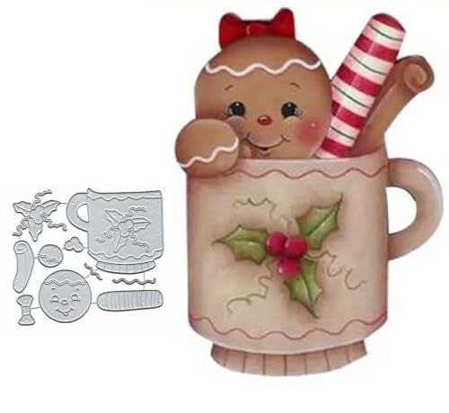 Christmas Gingerbread Man Teacup Metal Die Cuts,Christmas Pine Flower Leaf Cutting Dies Cut Stencils for DIY Invitation Card Scrapbooking Album Decorative Embossing Paper Dies Card Making