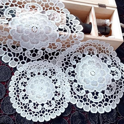 4er Set Platzsets Weiße Spitze Handarbeit Geklöppelt Spitzendeckchen Häkeldeckchen Tischdecke Tischsets mit Blumenmuster Runde Gestickte Untersetzer für Tassen,Getränke,Schalen,Töpfe,Teller,Vasen 30cm