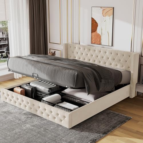 ABIN Ottoman Storage Bed with Hydraulic Lever, Upholstered Double Bed 135 x 190cm, Velvet Ottoman Lift Up Double Bed Frame, 4FT6, No Mattress (Beige)