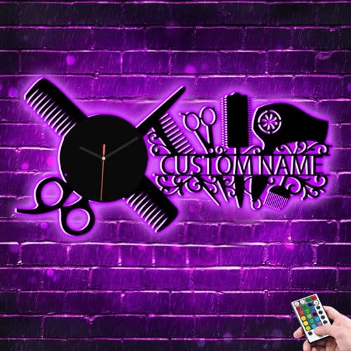Personalisierte Wanduhr für Friseure, personalisierter Name, Metall, zum Aufhängen, Neonschild, leuchtendes Schild, 16 Farben, Schönheitssalon-Wanduhr, Geschenk für Friseur, Friseur, Salon oder