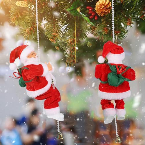 Electric Climbing Beads Santa Claus Singing Musical Christmas Climbing Rope Santa Claus Novelty Hanging Ornament Plush Doll Figurine Moving Hanging Christmas Figure Doll for Xmas Tree Home Decor