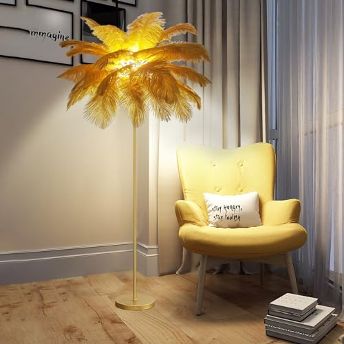 LDIEUWUET Feder Stehlampe für Wohnzimmer, Straußenfeder Stehlampen Federlampe mit Fußschalter, Moderne 160cm LED Stehleuchte, Straußenfeder Feder Lampe, für Wohnzimmer, Schlafzimmer, Arbeitszimmer