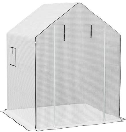 Outsunny Walk-in Greenhouse Cover Replacement with Roll-up Door and Mesh Windows, Reinforced PE Hot House Cover, COVER ONLY, 140 x 143 x 190cm, White