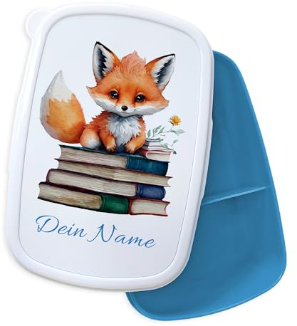 GRAZDesign Personalisierte Brotdose Fuchs mit Namen Jausenbox für Kinder Kindergarten Schule - blau