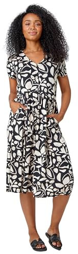 Roman Originals Swing Tea Dress Women UK Ladies Skater Midi A Line Fit & Flare Summer Casual Smart Cocktail Party Going Out Work Cruise Button Through Long Pocket - Black & White - Size 12