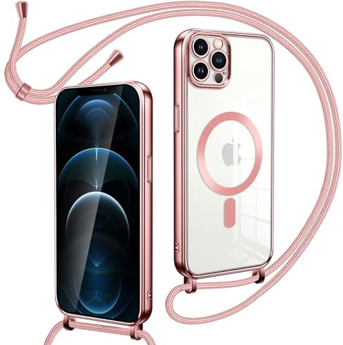 Oelrstfe Collier Coque avec Cordon pour iPhone 12/iPhone 12 Pro,Transparent Réglable Étui Chain Chaine Housse de Souple Silicone Antichoc Etui Bandouliere Laniere pour iPhone 12 Rose-Gold