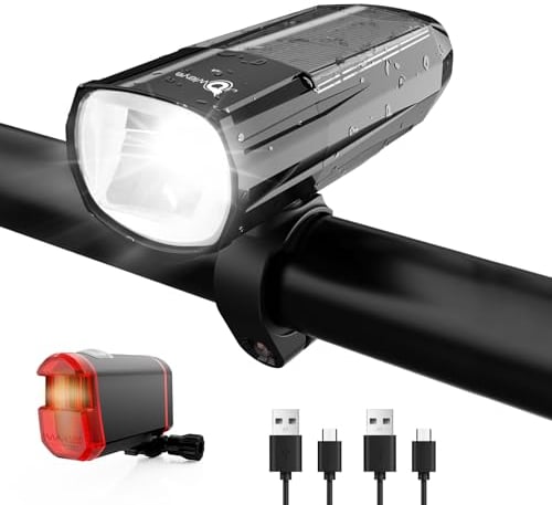 Owleye Fahrradlichts, Solar Fahrradlicht Set Fahrradbeleuchtung, bis zu 50 Lux Fahrradlicht vorne USB Aufladbar Typ C, StVZO Zugelassen Frontlicht + Rücklicht Fahrrad Licht LED Fahrradleuchtenset